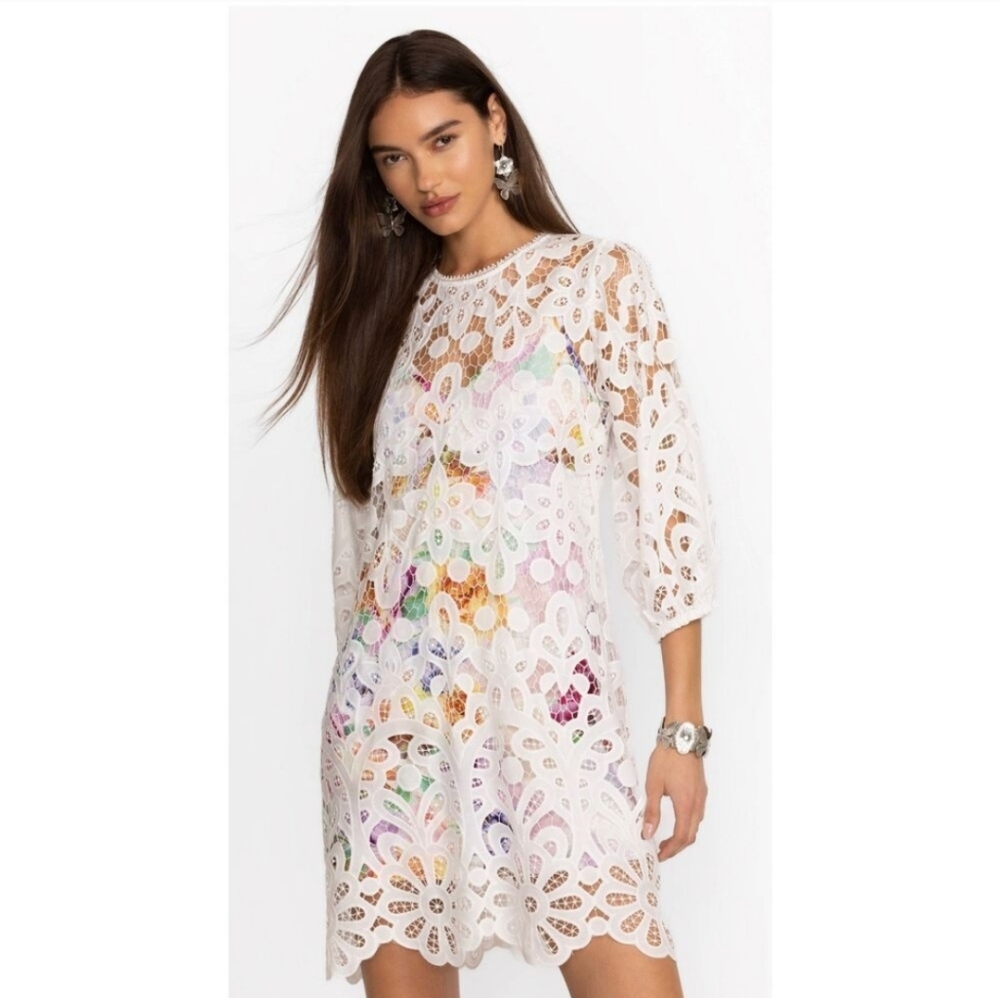 NWT Johnny Was Lisetta White Lace Floral Slip Mini Dress XS